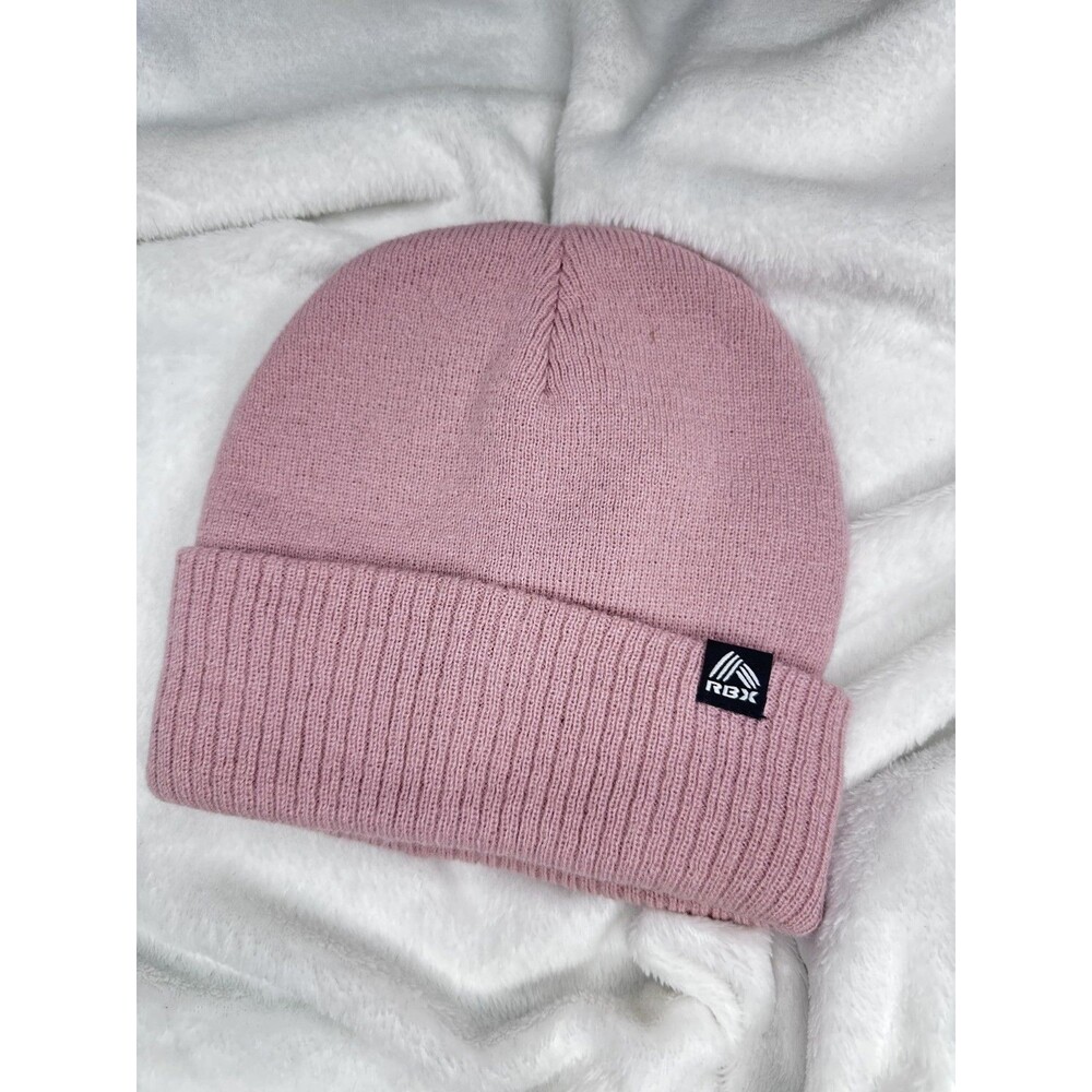 RBX Hat Beanie OS Pink Knit Logo Patch Womens One Size Stretch Winter Warm